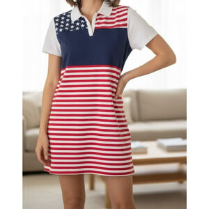 Tommy Hilfiger VTG Womens Patriotic Star Stripes Short Sleeve Dress Navy 2X